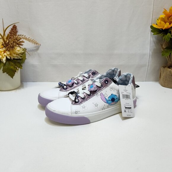 Disney Stitch Low Top Sneakers Womens 8.5 Lace-Up Glitter Accents Charm Keychain - Picture 2 of 8